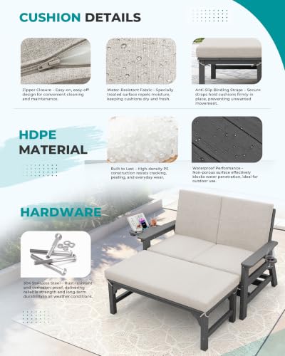 Image of SERWALL 2-in-1 Convertible Sofa Daybed with Cushions & Ottoman Table Set | HDPE 4-Position Reclining Outdoor Patio Lounge Chair, 4-in-1 Cup Holder Daybed Sofa Furniture, Grey Frame with Khaki Cushion