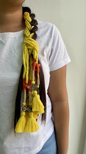 Image of Zippy Flora Neelima Parandi (Yellow) | Traditional Boho Handmade Paranda Hair Accessory with Braid Tassels | Women's Ethnic Hair Extension for Choti, Braids & Patiala Shahi Hairstyles