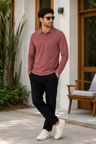 Image of CAMEY Men's Plain Solid Long Sleeve Polo T-Shirt | Regular Fit | Collared Casual Cotton Blend Tee with Chest Pocket | Everyday Comfort Wear
