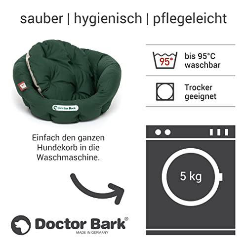 Doctor Bark - Hundebett rund - kuscheliger Hundekorb kleine Hunde mit orthopädischem Wendekissen und ToyBone - Waschbar bis 95°C - Made in Germany (S - 40x35 cm, Grün/Beige)
