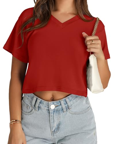 Image of Womens Crop Tops Short Sleeve V Neck Summer Cropped T Shirts Baisc Tees