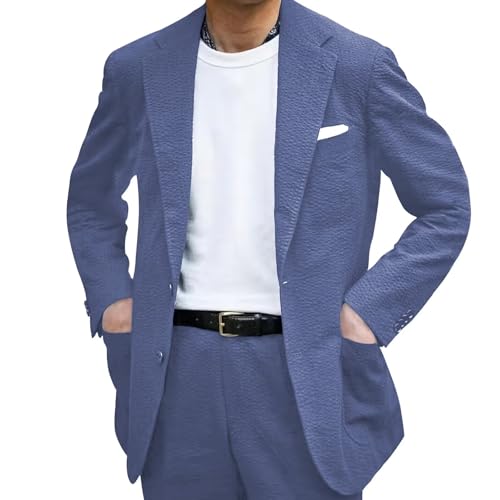 Mens Blue Seersucker Summer Suits 2 Piece Grooms Sear Sucker Suit for Wedding Mens Formal Tuxedo Suits Slim Fit