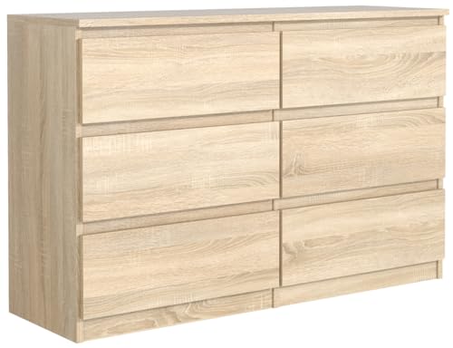 MebLocker Commode 6 Tiroirs Chêne 140 cm - Design Minimaliste - 138,5 x 39 x 78,5 cm - Meuble de Rangement Spacieux pour Chambre, Salon ou Bureau