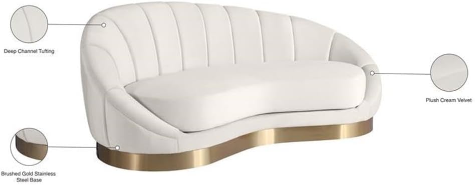 Meridian Furniture Shelly Collection Modern | Contemporary Velvet Upholstered Shell Shaped Chaise with Stainless Steel Base in a Brushed Gold Finish, 79" W x 40" D x 33" H, Cream