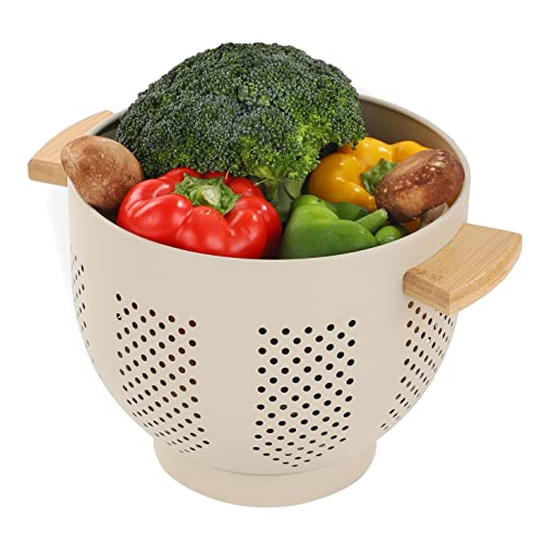 Metal Colander With Wood Handle, 5.5 Quart Powder Coated Steel Large Kitchen Strainer Stable Base,(Sand Yellow, 11.26Inch) #TOP3