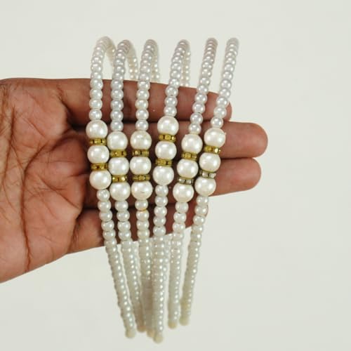 Image of Pearl Beads Hair Band Headband with Stone Decoration, White, Pack of 6
