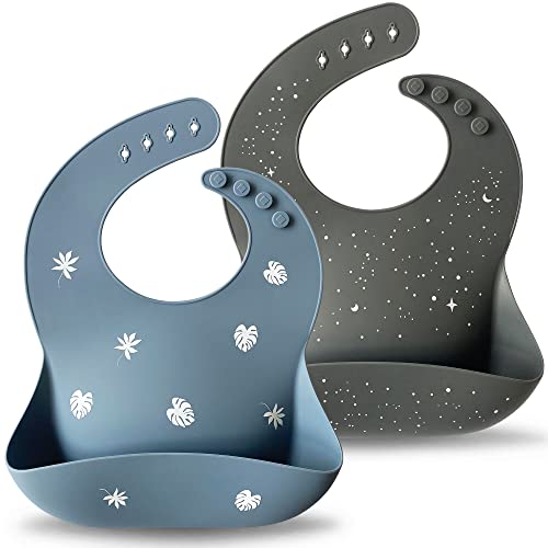 Image of Moonkie Silicone Baby Bibs Set Of 2 | BPA Free Waterproof | Soft Flexible Adjustable Silicone Bibs for Babies & Toddlers(Tradewinds/Dark Grey)