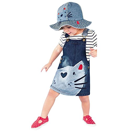 Amlaiworld Robe de Filles Été Bébé Robe Fille en Denim à Bretelles Impression de Chat Salopettes Robe Tenues de vêtements pour 1-6 Ans Fille (100/2-3Ans, Bleu)