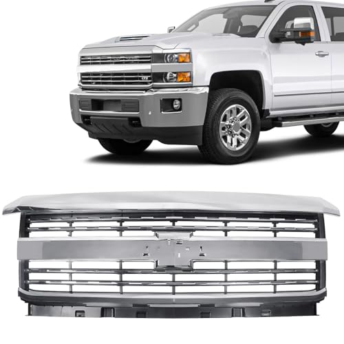 JOLONG Front Bumper Upper Hood Grille for Chevy Silverado 2500 3500 HD 2015-2019 Replacement for 23335302 23335298 GM1200839 (Silvery & Black)