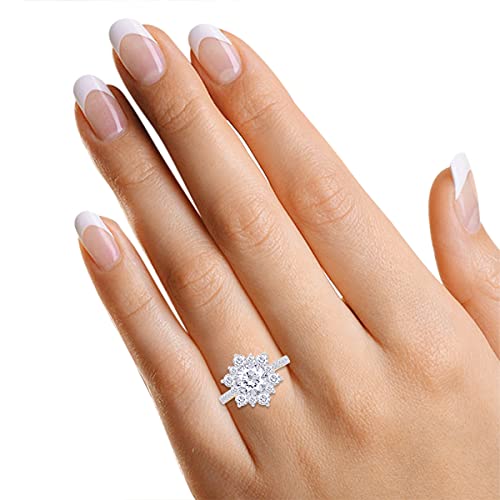 SAVEARTH DIAMONDS Center 7MM Round Cut Sparkling White Cubic Zirconia Flower Cluster Engagement Ring In 14k Gold Over Sterling Silver Jewelry For Women Gifts For Her 7