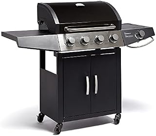 VonHaus Gas BBQ, 4+1 Burner Gas Barbecue with Warming Rack, Side Burner, Temperature Gauge, Cabinet Storage, 4 Wheels, Portable, Steel & Chrome, Grill Meat, Fish, Veg in Your Garden Outdoor Space