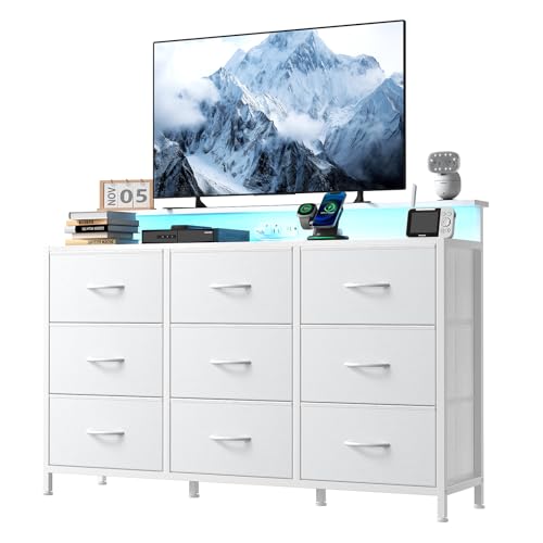 Image of NEWBULIG Wooden Top Media Console for 32-52 inch Dresser TV Stand with 9 Fabric Drawers & Open Shelves, Entertainment Center with LED Lights & Charging Station for Bedroom, White