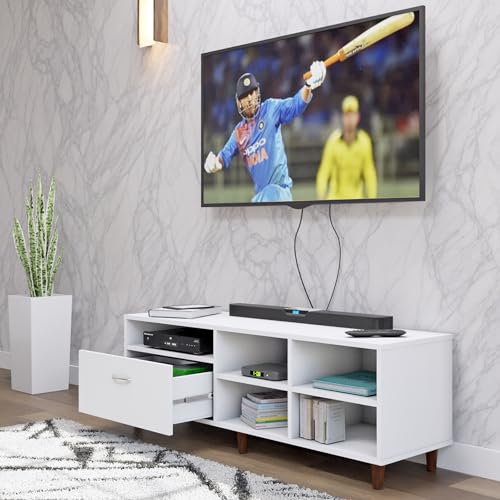 Image of VIKI Modern TV Unit for Living Room | Engineered Wood TV Cabinet with 1 Drawer Storage & 3 Open Shelves, Set Top Box Stand, Entertainment Unit, 140W x 48H x 40D cm | DIY | 1 Year Warranty (White)