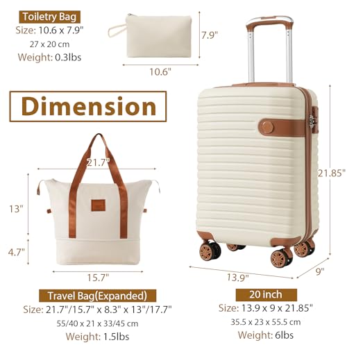 Luggage Sets 3 Piece Carry on Luggage 22x14x9 Airline Approved, Lightweight Hardshell ABS Suitcases with Wheels, 20 inch, Cream + ABS3
