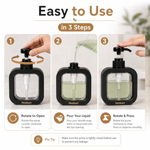 Image of Nestkart Handwash Dispenser 300ml, Black Plastic Soap Dispenser with Rust-Proof Pump, Leak-Proof Square Design, Compact Refillable Liquid Soap Bottle for Bathroom Kitchen Wash Basin and Office use