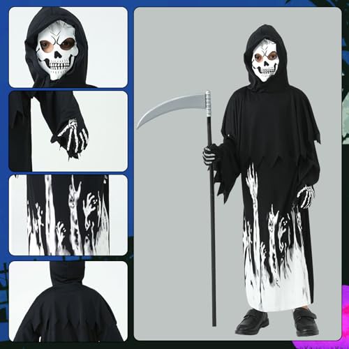 HarnyLoom Grim Reaper Costume Kids Boys Halloween Glow in the Dark Skeleton Death Ghost Scythe Outfit Scary Grim Reaper Robe Phantom Gloves Fancy Dress Cape (L) - Image 3