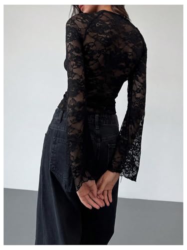 MakeMeChic Women's Lace Sheer Top Y2k Bell Sleeve Cut Out T Shirt Fitted Crop Tops2