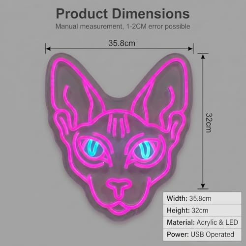 Image of Sphynx Cat Neon Sign - 14.1 inch x 12.6 inch Purple & Pink LED Wall Art, Cyberpunk Hairless Cat Light for Gamer Room, Anime Fan Decor, Manga Style Night Light