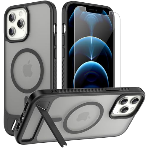 for iPhone 12 Pro Max case: [fit for Magsafe] Strong Magnetic & Invisible Stand Military-Grade Protection with Screen Protector Adjustable Kickstand Frosted Translucent Matte Phone Case Black
