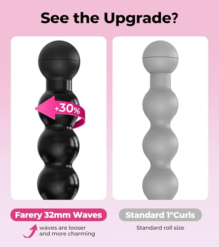 Image of Farery Bubble Curling Wand for Long Hair - 32mm Ceramic Coated Springless Barrel for Defined Spiral Curls & Waves, Smooth Shine, Includes Heat Resistant Glove, 5 Temp Settings, Dual Voltage