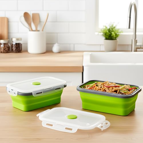 Image of The Better Home | Lunch Boxes | Food Grade Silicone | Airtight Lid Foldable Lunch Box for Kids Office School | Pack of 2 | 500ml 800ml | Lightweight Microwave Safe | Green