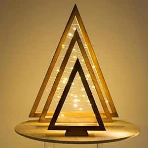 GENMOUS 3 Pcs Wooden Christmas Trees Small Farmhouse Tabletop Christmas Decor with Light Triangle Christmas Tree Shaped Decoration for Fireplace Mantel Shelf Rustic Indoor Bedroom Holiday Decor