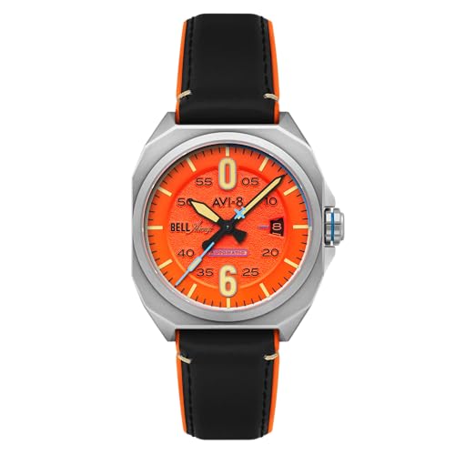 AVI-8 Bell X-1 Machbuster Automatikuhr für Herren, 41 mm, mit Gummi-/Lederarmband AV-4115, Retro-Orange, Armband