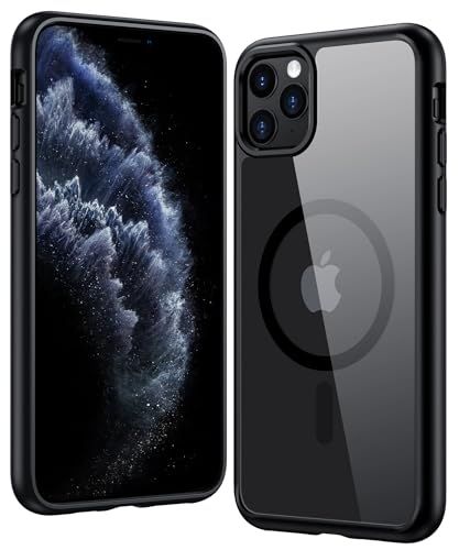 Image of FNTCASE for iPhone 11 Pro Case: Clear Magnetic Phone Cases Compatible with Magsafe Slim Anti Yellowing Military Grade Drop Protection Rugged Protective Transparent Cell Phone Cover (B-Black)