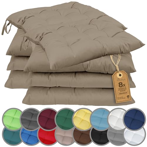 NatureMark Lot de 8 Galettes de Chaises avec Rubans 40x40 cm – Coussin de Chaise Épais pour Intérieur & Jardin – Couleur Sable/Beige