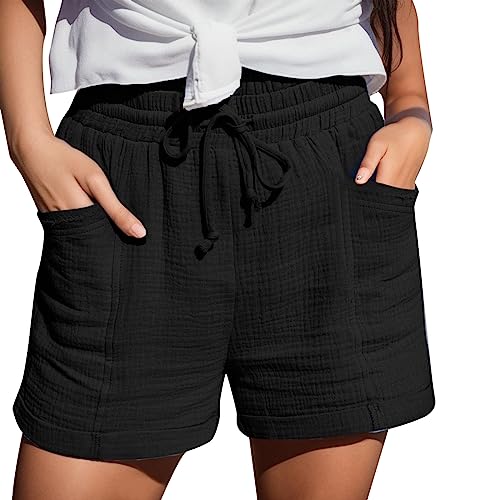 Mobanna Baggy Shorts Damen - mit Gummizug Bermuda Shorts Damen, Sommer Mode Shorts Lässige Musselin Hose mit hoher Taille Gerades Bein Sport Lockere Baumwolle Leinen Shorts Kurze Hose Schwarz XXL