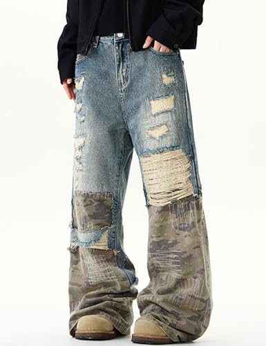 Mens Camo Ripped Jeans Y2k Hip Hop Camo Baggy Joggers Pants Streetwear Wide Leg Skater Jeans3