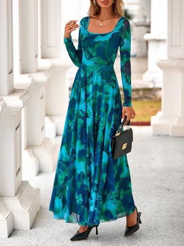 BTFBM Women Maxi Dress Fall 2025 Fashion Elegant Long Sleeve Square Neck Floral Print Party Club Wedding Guest Dresses