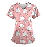 Cat Printed Scrubs Shirts Animal Printed Pink Cartoon Nursing Uniforms Shrits Large School Nurse Gifts for Women