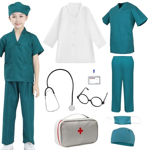 HOSPAOP Costume de médecin, 9 pièces, pour enfant, avec stéthoscope, lunettes et sac, costume de carnaval pour garçons et filles, costume d'infirmière, costume d'Halloween 140