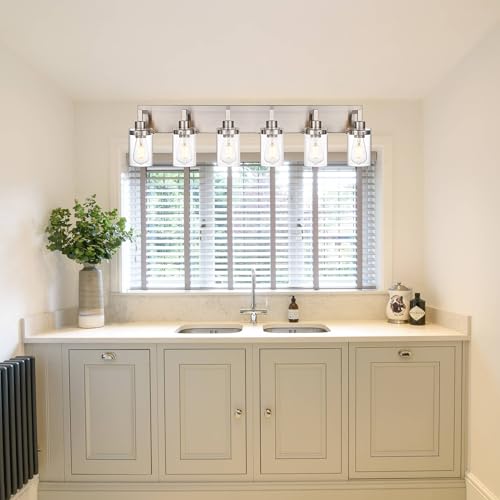 Image of 6-Light Bathroom Vanity Light Fixture in Brushed Nickel Finish,Metal Classic Wall Lighting with Clear Glass Shade Wall Sconces Lamp for Mirror,Hallway, Makeup Table