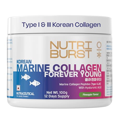 Image of Nutriburst Korean Marine Collagen Powder | Marine Collagen Peptides (Type I & III) with Hyaluronic Acid | 8g High Absorption Collagen per Serving | Pineapple Flavour | For Skin, Hair, Nails & Joint Support | For Men and Women | 100g