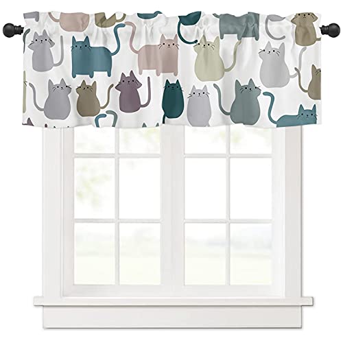 TocaHome Kitchen Window Valance Curtains Cartoon Lovely Cat Print Rod Pocket valances for Windows, Short Windows Treatments Curtain Panels for Bathroom Living Room Decor 42x18 Inch