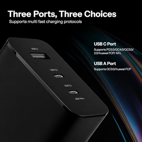 Image of AILKIN GaN Charger 65W 3 Port Fast Charger PD Charger 2 USB Type C + 1 USB Wall Charging Adapter Compatible with Nothing Phone 3a Plus 2a Plus 2 CMF Phone 1 Samsung Galaxy S25 S24 iPhone 16 15 | Black