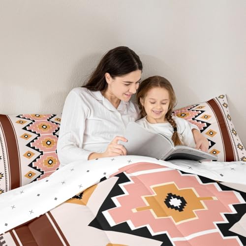 Image of Feelyou Boho Aztec Kids Comforter Set Queen Size West Bedding Set Wheat Brown Duvet Quilt for Kids Boys Girls Bedroom Western Decor Microfiber Ultra Soft Breathable
