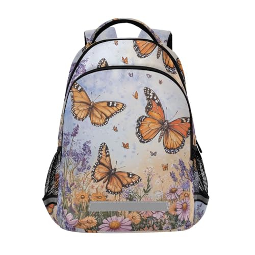 Butterflies and Flowers Kid's Elementary Middle School Backpack for Son Daughter, Age 6-12 Back to School Backpack Bookbag Schoolbag for Boys Girls