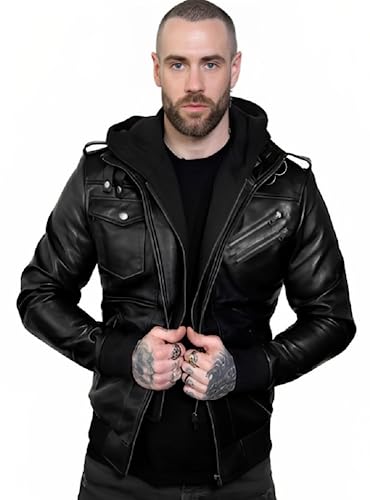 Image of Mens Genuine Black /Brown Hooded Bomber Leather Jacket Real Lambskin Waxed with Removable Hood