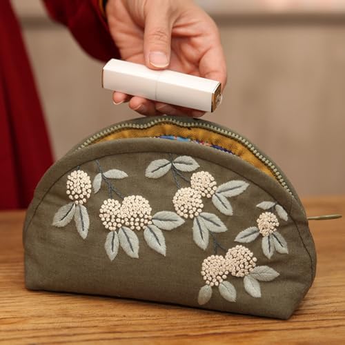 Image of FONNUY Embroidery Kit Makeup Bag for Beginners, Flowers Pre-Stamped Pattern Handbag Coin Purses Making Kits for Adults with Hoop, Easy to Follow Color Thread Needlework (Grey)