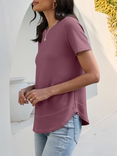 Image of ANRABESS Womens Waffle Knit Tops Short Sleeve Crewneck Shirts Curved Hem Summer Dressy Casual Blouses Spring Fashion Clothing