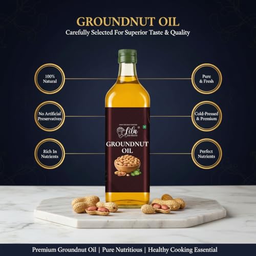 Image of LILA DRY FRUITS Groundnut Oil 1 L (500 ML x 2) Cold Pressed Peanut Oil for Cooking Natural Moongfali ka Tel for Frying, Tadka & Daily Kitchen Use, Kacchi Ghani Cholesterol Free Ground Nut Oil Chemical-Free