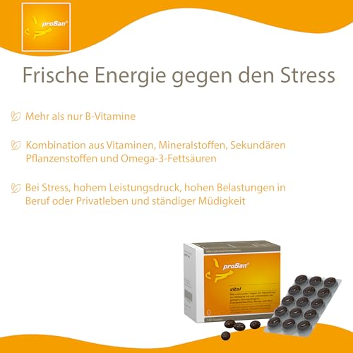 proSan vital (120 Kapseln) | Vitamine gegen Müdigkeit, für mehr Energie & Leistungsfähigkeit bei Stress | Mineralstoffe, Bioflavonoide, Carotinoide & Omega-3 | ohne unnötige Zusätze & in DE produziert