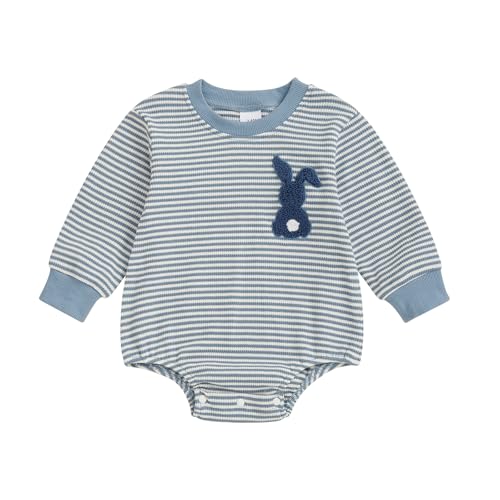 Lenjindjer Baby Girl Boy Easter Outfits Waffle Carrot/bunny Embroidery Long Sleeve Bubble Romper Infant Spring Bodysuit Tops (Blue, 6-12 Months)