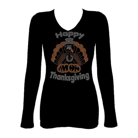 Rockeroo Boutique Turkey Thanksgiving Rhinestone V Neck Long Sleeve Tee Shirt (L) Black Cover