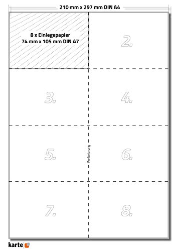 800 x Karteo® Einsteckkarte | Papiereinlagen | Einleger 160g/m² | weiß hochwertiges perforiertes Papier 105 x 74mm (DIN A7) auf 100 Stk. DIN A4 Bögen zum Selbstbedrucken beidseitig