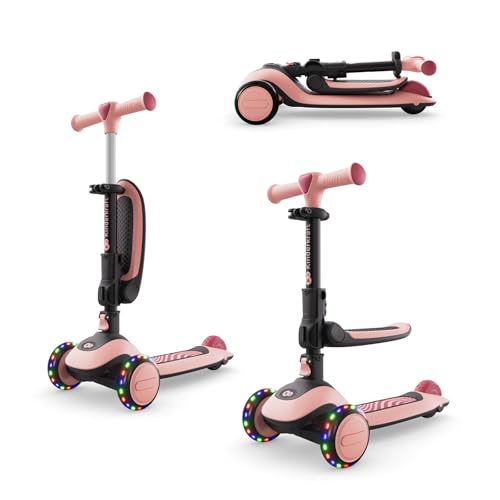 Kinderkraft Halley 2, Patinete 2 en 1, para Niños, Ajustable, Draisienne, Triciclo, Multifuncional, Bici, 3 Ruedas, LED, De 2 años hasta 50 Kilos, Rosa