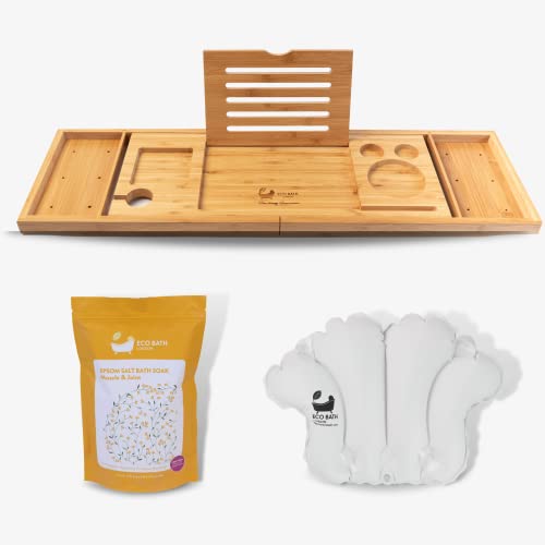 Eco Bath London Bamboo Bath Tray with Bathtub Pillow + Epsom Salt - Bathroom Bathtub Tray, Book/Tablet Holder, Fully Extended Premium Bath Caddy